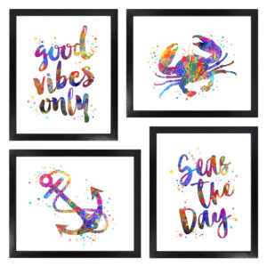 Dignovel Studios Unframed (Set of 4) Watercolor Beach Art Prints Good Vibes Only Seas The Day Wall art Living Room Decor dnc13