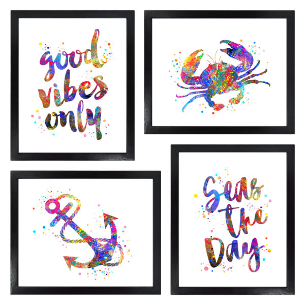 Dignovel Studios Unframed (Set of 4) Watercolor Beach Art Prints Good Vibes Only Seas The Day Wall art Living Room Decor dnc13
