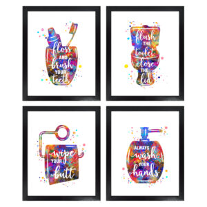 Dignovel Studios Unframed (Set of 4) Funny Bathroom Signs Bathroom Rules Watercolor Wall Art Prints dnc21