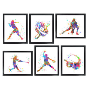Dignovel Studios Unframed (Set of 6) Watercolor Girl Baseball Softball helmet glove ball bat blazer Sport Art print Bedroom Wall Art dnc4