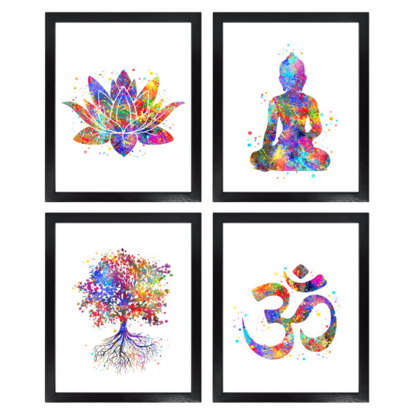Dignovel Studios Unframed (Set of 4) Watercolor Yoga Art Print Set Lotus Flower Om Symbol Buddha Tree of Life Inspirational Zen Wall Art Print Set dnc5