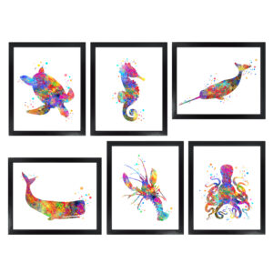 Dignovel Studios Unframed (Set of 6) Ocean life Wall Art Print Watercolor Sea Turtle Sea Horse Whale Lobster Cctopus Print Set kids Room Decor dnc7