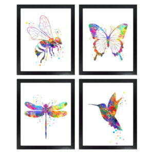 Dignovel Studios Unframed (Set of 4) Bee Butterfly Dragonfly Hummingbird Watercolor Art Print Nursery wall art Baby Bedroom Decor dnc9