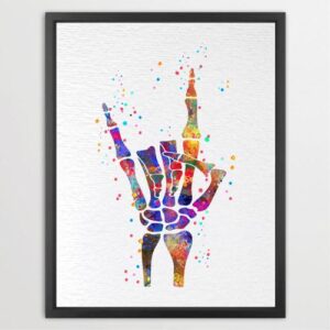 Dignovel Studios Unframed Rock and Roll Gesture Sign Skeleton Hand Music Lover Watercolor Art Print Wall Art Poster Home Decor Hanging DN525