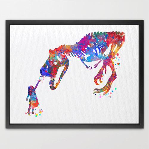 Dignovel Studios Unframed Girl and T-Rex Dinosaur Curiosity Bravery Watercolor Art Print Wall Art Poster Home Decor Hanging DN545