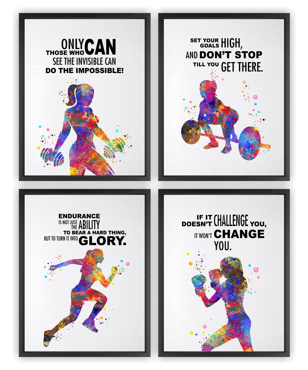 Dignovel Studios Unframed Set of 4 Unframed Intensive Workout Training Exercise Running Boxing Weight Lifting Watercolor Art Print Wall Art Poster Home Decor Hanging DN638