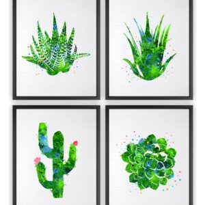 Dignovel Studios Unframed Set of 4 Succulent Plants Cactus Blossom Echeveria Flower Aloe Zebra Haworthia Refreshing Green Garden Watercolor Art Print Wall Art Poster Home Decor Hanging DN660