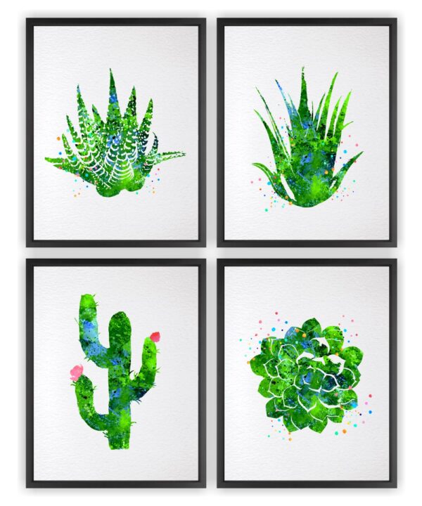 Dignovel Studios Unframed Set of 4 Succulent Plants Cactus Blossom Echeveria Flower Aloe Zebra Haworthia Refreshing Green Garden Watercolor Art Print Wall Art Poster Home Decor Hanging DN660