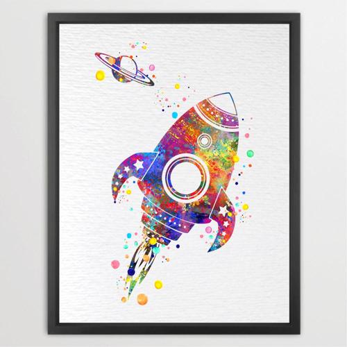 Dignovel Studios Unframed Retro Rocket Space Exploration Nursery Watercolor Space Force Art Kids Room Astronaut Watercolor Art Print Wall Art Poster Home Decor Hanging DN754