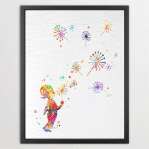 Dignovel Studios Unframed Little Girl & Dandelion watercolor print kids home nursery print children's room new baby playroom N118 Watercolor Art Print Wall Art Poster Home Decor Hanging DN118