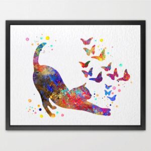 Dignovel Studios Unframed Stretching Cat with Butterflies Household Animal Pet Adorable Cat Watercolor Art Print Wall Art Poster Home Decor Hanging DN774