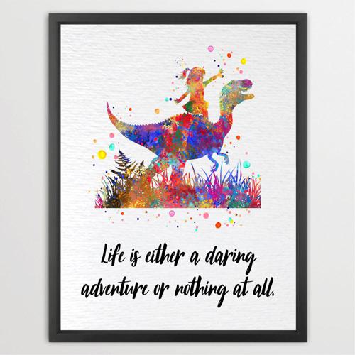 Dignovel Studios Unframed Girl Riding a Dinosaur Life is Adventure Inspirational Quote Positivity Affirmation Watercolor Art Print Wall Art Poster Home Decor Hanging DN873