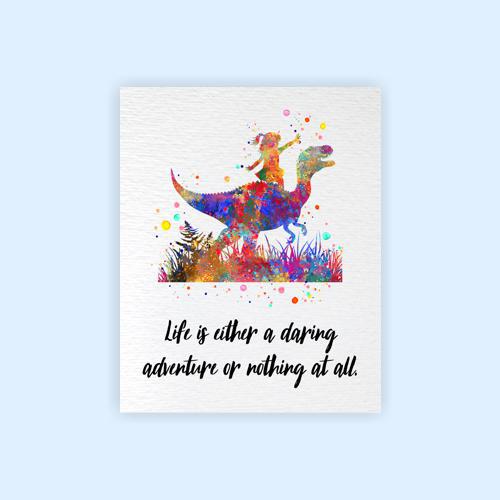 Dignovel Studios Unframed Girl Riding a Dinosaur Life is Adventure Inspirational Quote Positivity Affirmation Watercolor Art Print Wall Art Poster Home Decor Hanging DN873 - Image 2