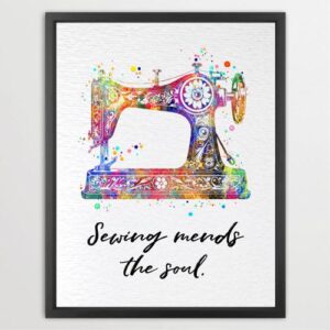 Dignovel Studios Unframed Sewing Mends Soul Sewing Machine Watercolor Art Print Poster Inspirational Quote Seamstress Sewing Room Watercolor Art Print Wall Art Poster Home Decor Hanging DN896