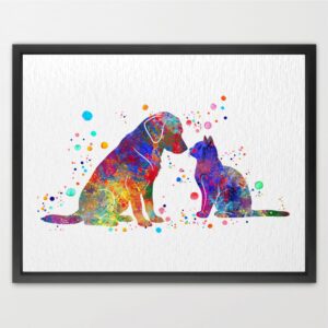 Dignovel Studios Unframed Dog Cat Friendship Watercolor Art Print Poster Pet Animal Clinic Office Family Home Hanging DN1028