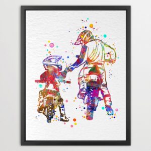 Dignovel Studios Unframed Motorcycle Bike Parent Kid Watercolor Art Print Outdoor Sports Dad Son Family Office Home Home Hanging DN1038
