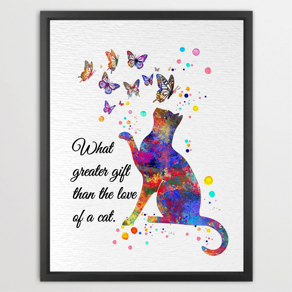 Dignovel Studios Unframed Cat and Butterflies Pet Love Watercolor Art Print Family Animal Clinic Home Office Wall Decor Home Hanging DN1057